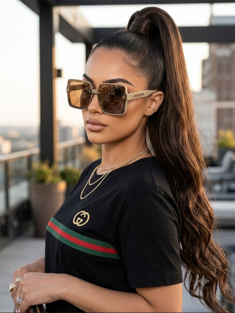Gucci Beige Brown Monogram Square Sunglasses